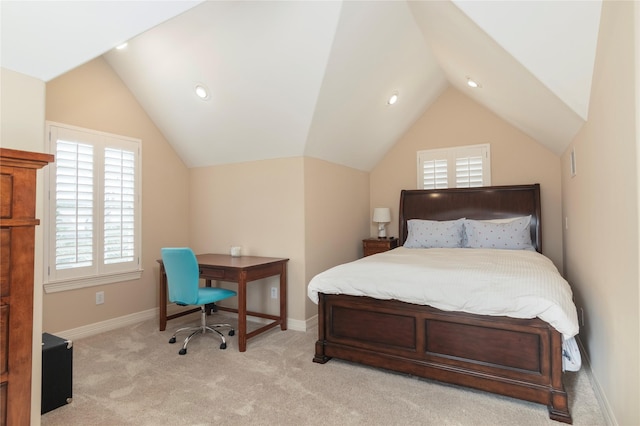 carpeted bedroom featuring baseboards, recessed lighting, and vaulted ceiling