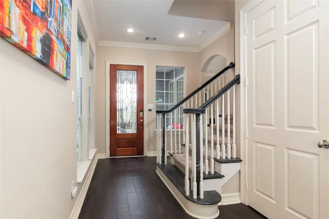 1900 Vermont St Unit B, Houston, TX 77019 - entrance foyer with ornamental molding, stairs, dark wood finished floors, and recessed lighting