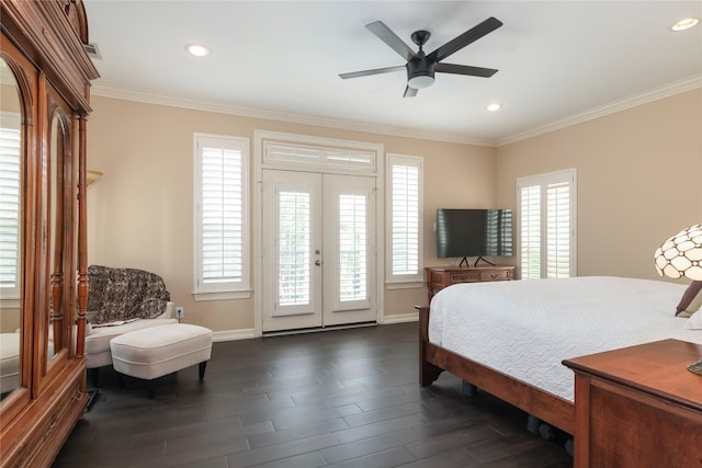 bedroom featuring french doors, dark wood-style flooring, crown molding, baseboards, and access to outside