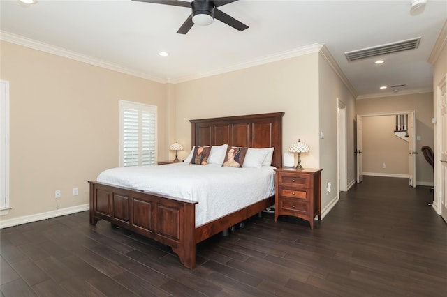 1900 Vermont St Unit B, Houston, TX 77019 - bedroom featuring dark wood-style floors, crown molding, recessed lighting, and a ceiling fan