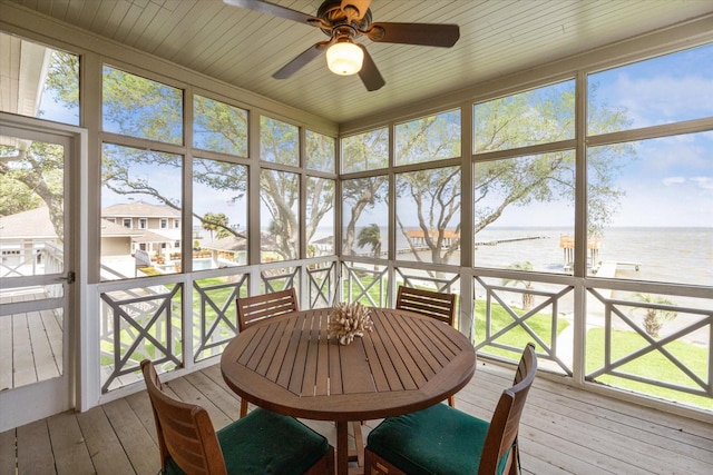 102 S R St, La Porte, TX 77571 - sunroom with a water view, a ceiling fan, outdoor dining area, and plenty of natural light