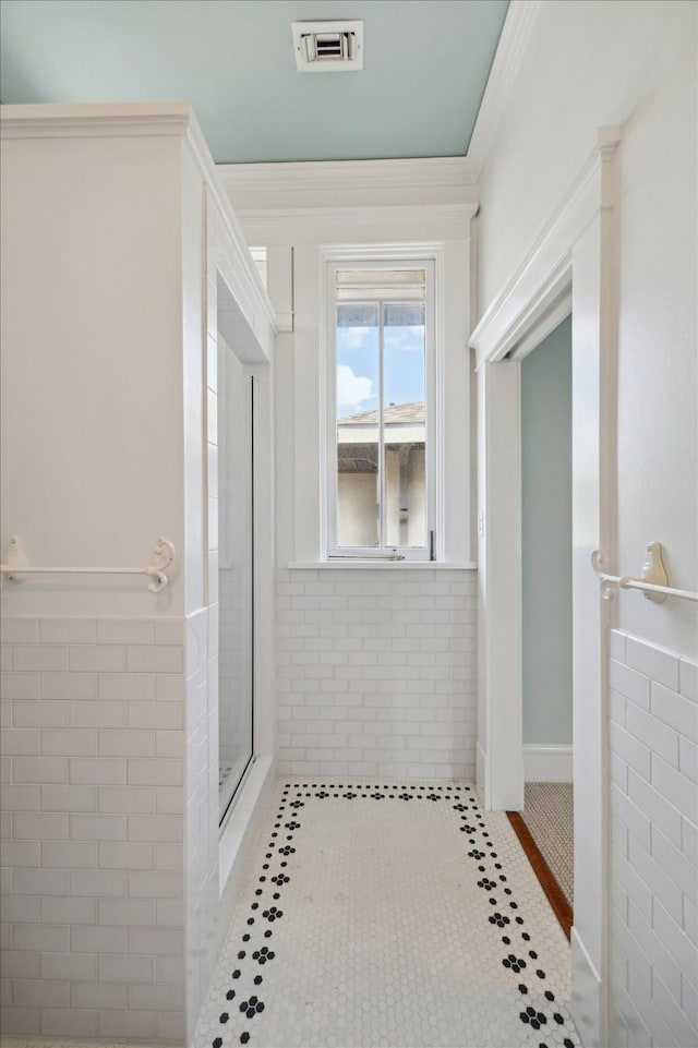 2614 Stanford St, Houston, TX 77006 - bathroom with ornamental molding and walk in shower