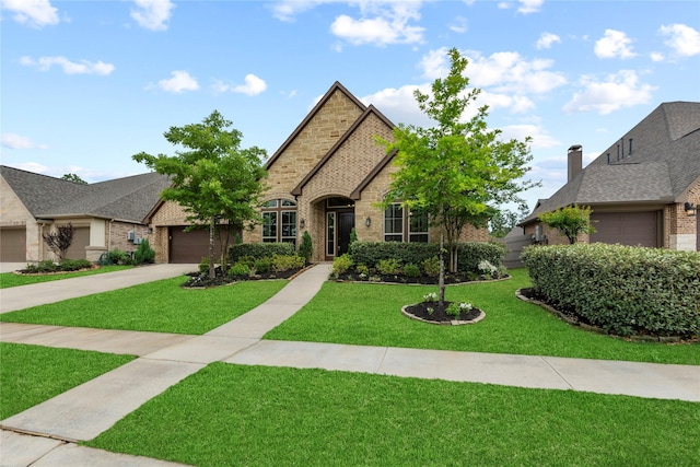 15306 Guava Vis, Conroe, TX 77302 - view of front facade featuring brick siding, an attached garage, a front yard, and concrete driveway