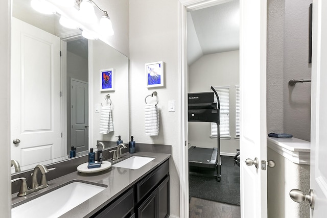 2502 Crossvine Dr, Katy, TX 77494 - full bath featuring double vanity, vaulted ceiling, a sink, and wood finished floors