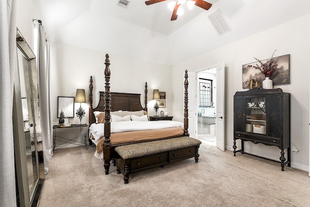 2502 Crossvine Dr, Katy, TX 77494 - carpeted bedroom featuring ensuite bathroom, lofted ceiling, ceiling fan, and visible vents
