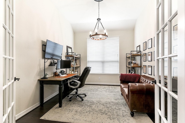2502 Crossvine Dr, Katy, TX 77494 - office area with baseboards, french doors, wood finished floors, and a chandelier