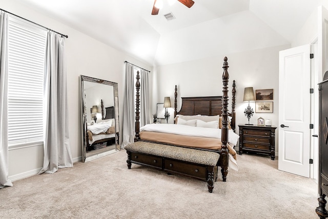 2502 Crossvine Dr, Katy, TX 77494 - bedroom featuring visible vents, ceiling fan, vaulted ceiling, and light carpet