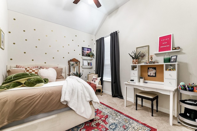 2502 Crossvine Dr, Katy, TX 77494 - bedroom featuring baseboards, ceiling fan, lofted ceiling, and light colored carpet