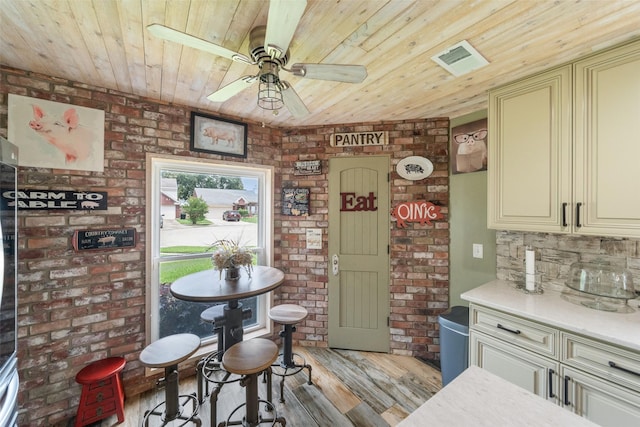 kitchen featuring wood ceiling, visible vents, cream cabinetry, and light wood-style flooring