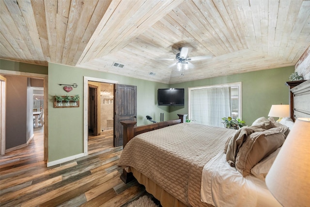 bedroom featuring visible vents, wood finished floors, baseboards, ceiling fan, and wood ceiling
