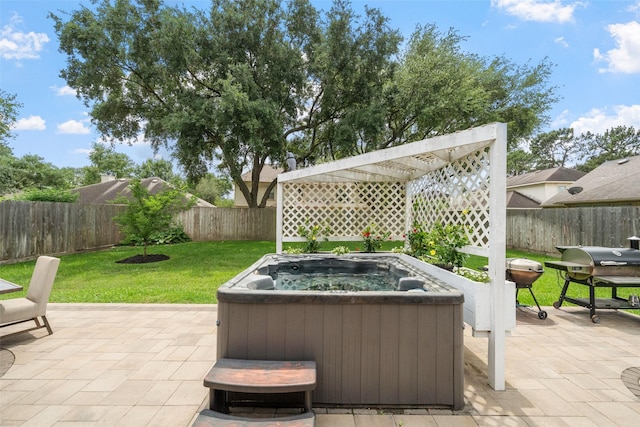 view of patio featuring a hot tub, a fenced backyard, and a grill