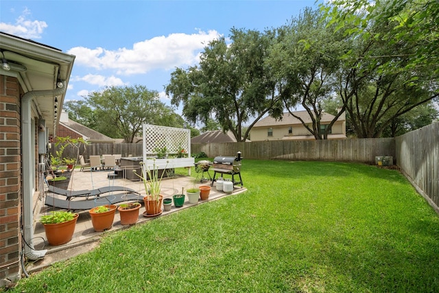 view of yard with a fenced backyard and a patio area