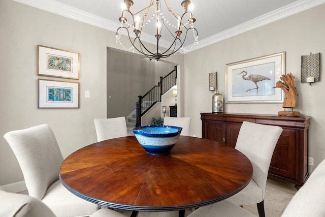 dining room featuring stairway, crown molding, and a chandelier