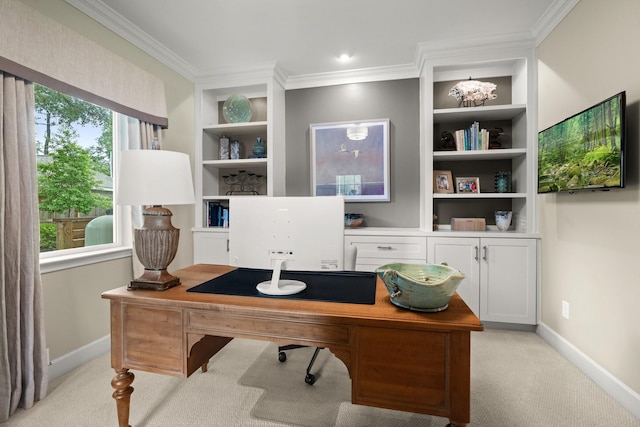 office with crown molding, baseboards, built in features, and light colored carpet