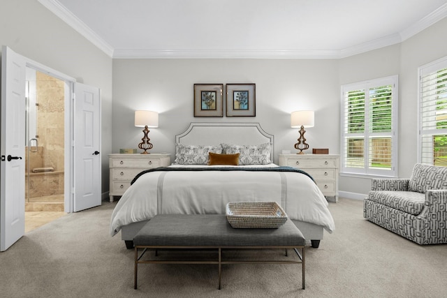 bedroom with baseboards, ornamental molding, connected bathroom, and light colored carpet
