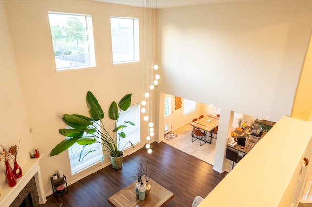 living area featuring baseboards, wood finished floors, and a high end fireplace