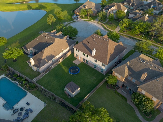 aerial view featuring a water view and a residential view