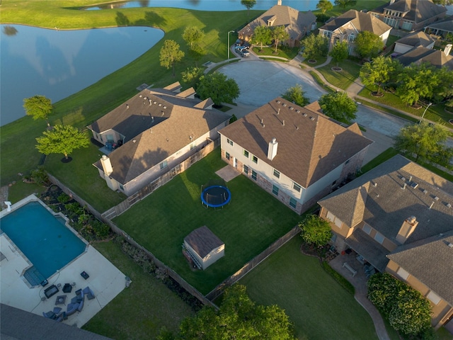 aerial view featuring a water view and a residential view