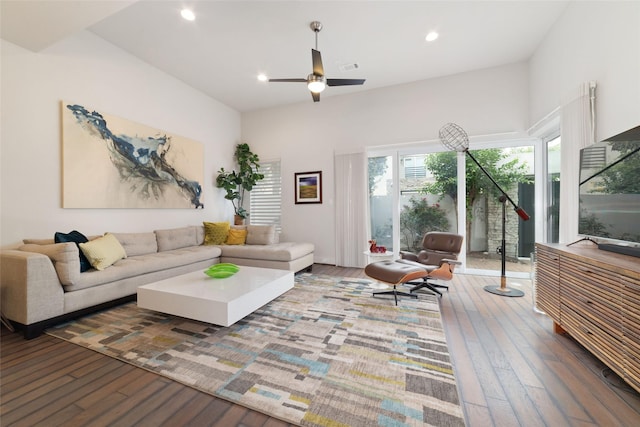 living room with a ceiling fan, recessed lighting, hardwood / wood-style floors, and visible vents