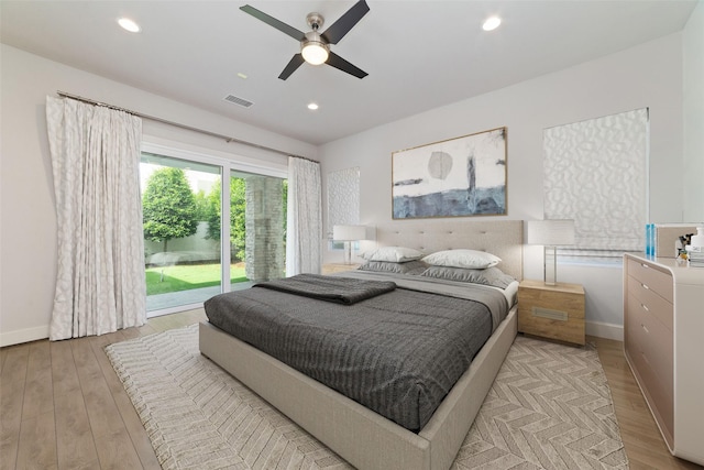 bedroom with ceiling fan, visible vents, baseboards, light wood finished floors, and access to outside