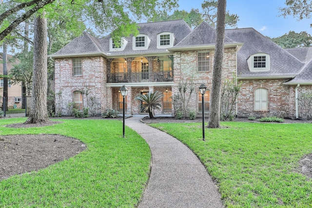 french country style house featuring brick siding, a shingled roof, a front lawn, and a balcony
