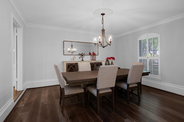 dining area featuring an inviting chandelier, baseboards, crown molding, and dark wood-style floors