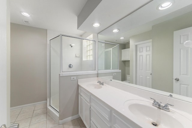 bathroom featuring visible vents, a sink, a stall shower, and tile patterned floors
