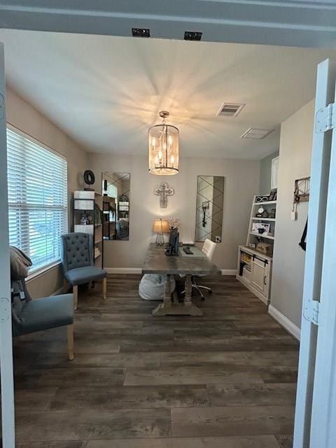 15419 Greenford Glen Dr, Cypress, TX 77429 - dining area with baseboards, dark wood-style flooring, a notable chandelier, and visible vents