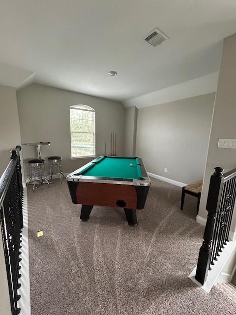 15419 Greenford Glen Dr, Cypress, TX 77429 - game room with baseboards, visible vents, vaulted ceiling, billiards, and carpet floors