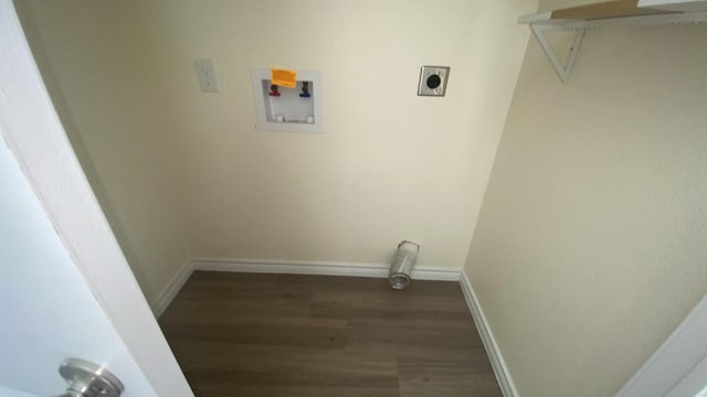 laundry room with washer hookup, laundry area, baseboards, electric dryer hookup, and dark wood-style floors