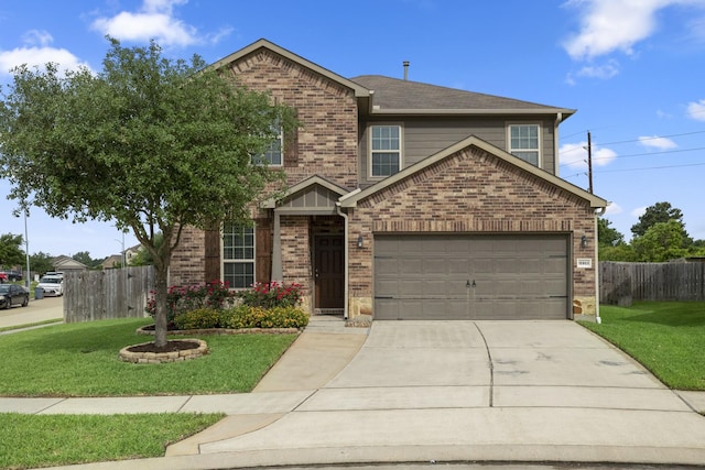 traditional-style home with brick siding, fence, driveway, and a front lawn