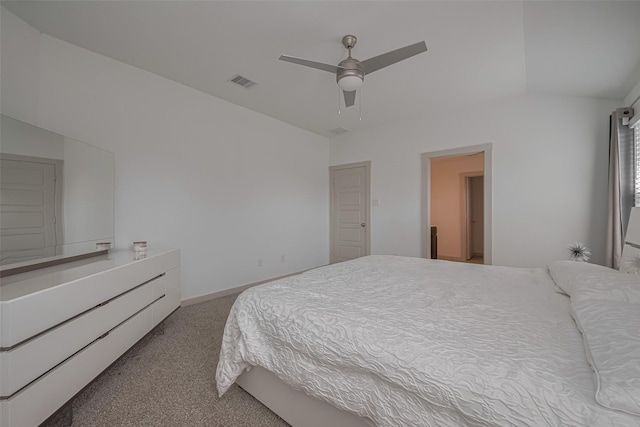 bedroom featuring carpet floors, ceiling fan, baseboards, and visible vents