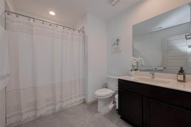 bathroom with toilet, visible vents, recessed lighting, and vanity