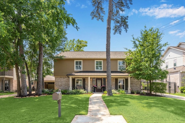 traditional-style house featuring a porch, a standing seam roof, a gate, brick siding, and a front lawn