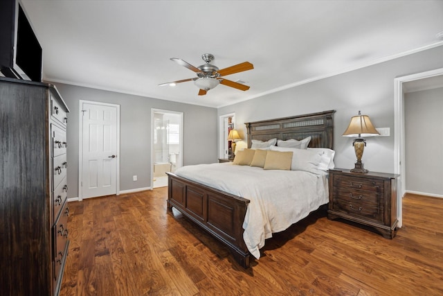 bedroom featuring crown molding, baseboards, and dark wood-style floors