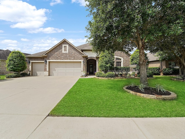 view of front facade featuring a garage, driveway, brick siding, and a front yard