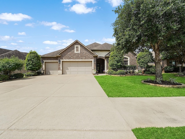 view of front facade featuring concrete driveway, brick siding, an attached garage, and a front yard