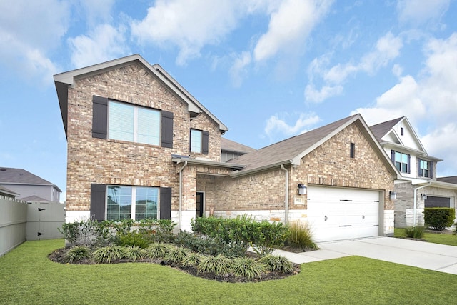 9911 Silverling Ct, Conroe, TX 77385 - traditional-style home featuring brick siding, a front lawn, concrete driveway, an attached garage, and stone siding