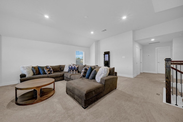9911 Silverling Ct, Conroe, TX 77385 - living area featuring visible vents, lofted ceiling, light carpet, baseboards, and recessed lighting
