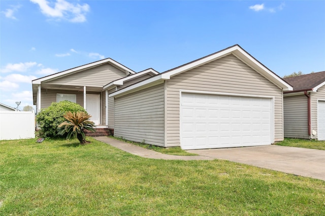 single story home with an attached garage, driveway, and a front lawn