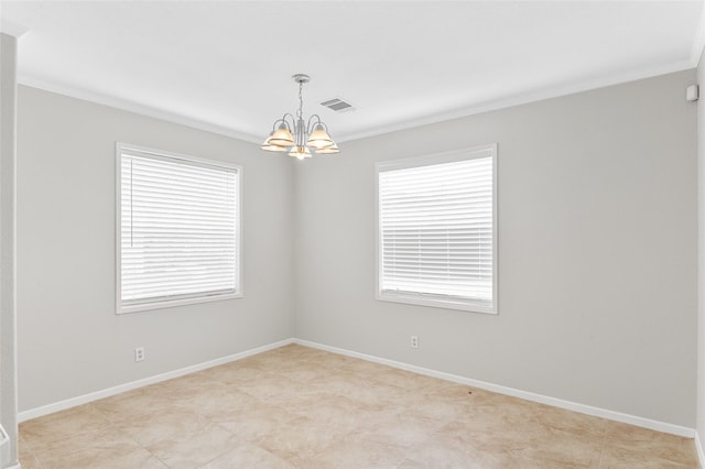 unfurnished room with visible vents, baseboards, crown molding, and a notable chandelier