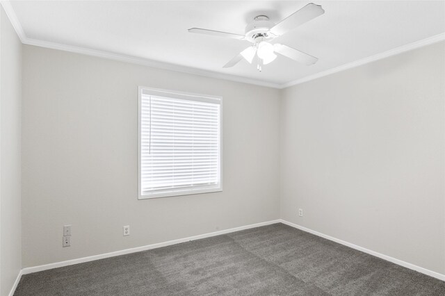 spare room with crown molding, a ceiling fan, baseboards, and carpet