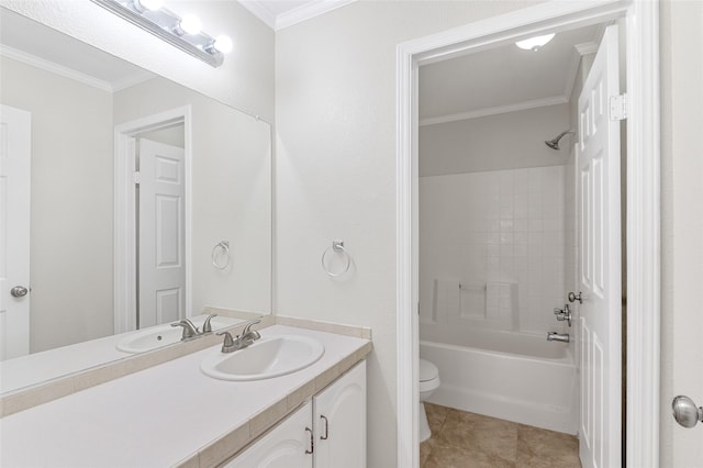 full bath with tile patterned flooring, vanity, toilet, tub / shower combination, and ornamental molding