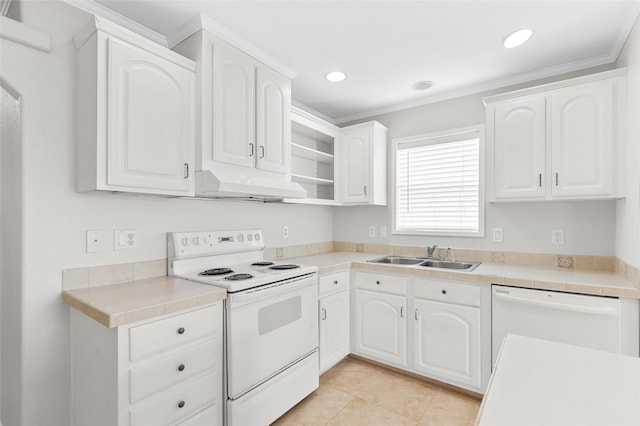 kitchen featuring open shelves, a sink, white appliances, white cabinetry, and under cabinet range hood