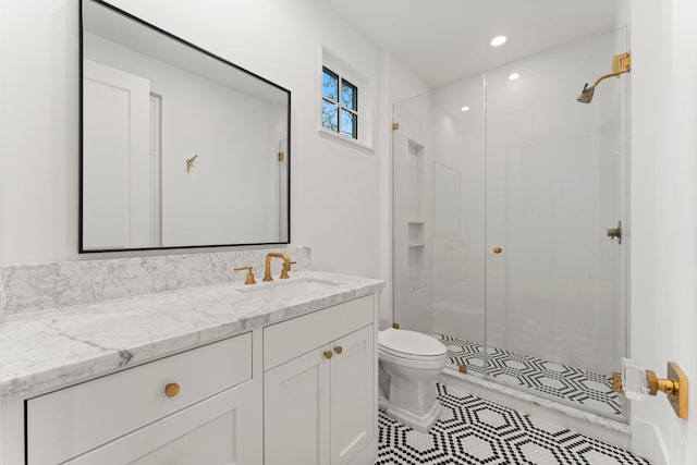 2530 Stanmore Dr, Houston, TX 77019 - full bath with vanity, toilet, a shower stall, tile patterned flooring, and recessed lighting
