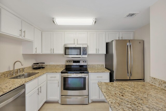 kitchen featuring a sink, light stone counters, stainless steel appliances, and white cabinetry
