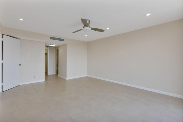 empty room with visible vents, recessed lighting, baseboards, and ceiling fan