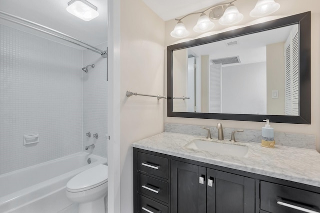 full bathroom featuring vanity, toilet, shower / tub combination, and visible vents