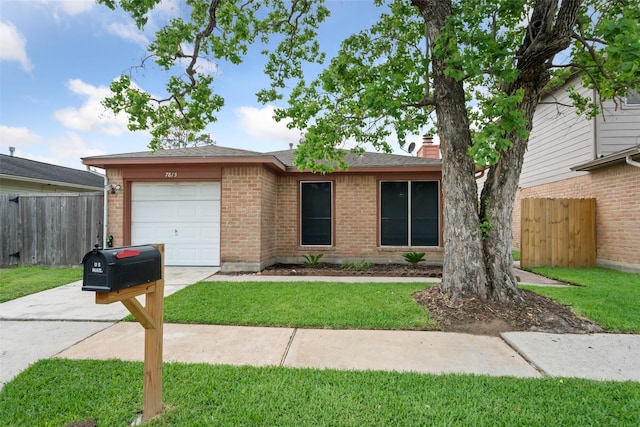 single story home featuring fence, concrete driveway, brick siding, and a garage