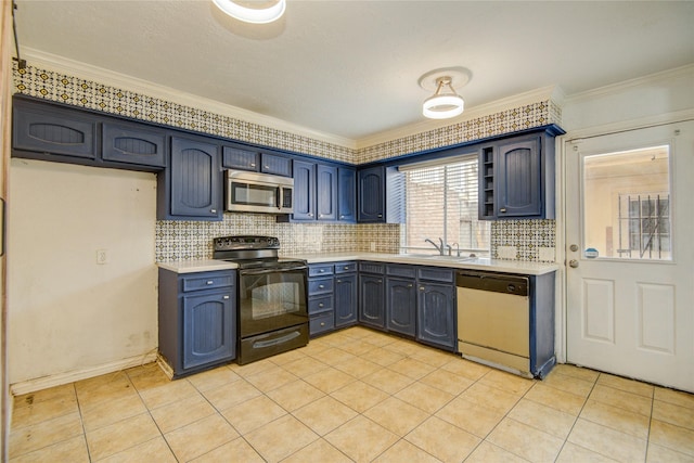 kitchen with light countertops, stainless steel microwave, black electric range, a sink, and dishwasher